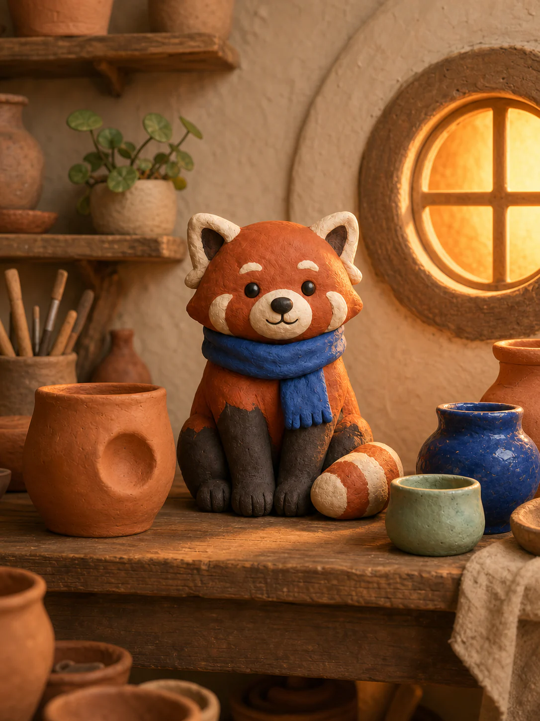The Kinra companion, a small clay red panda with a cobalt scarf, sitting on a studio shelf among hand-molded pots in warm window light.