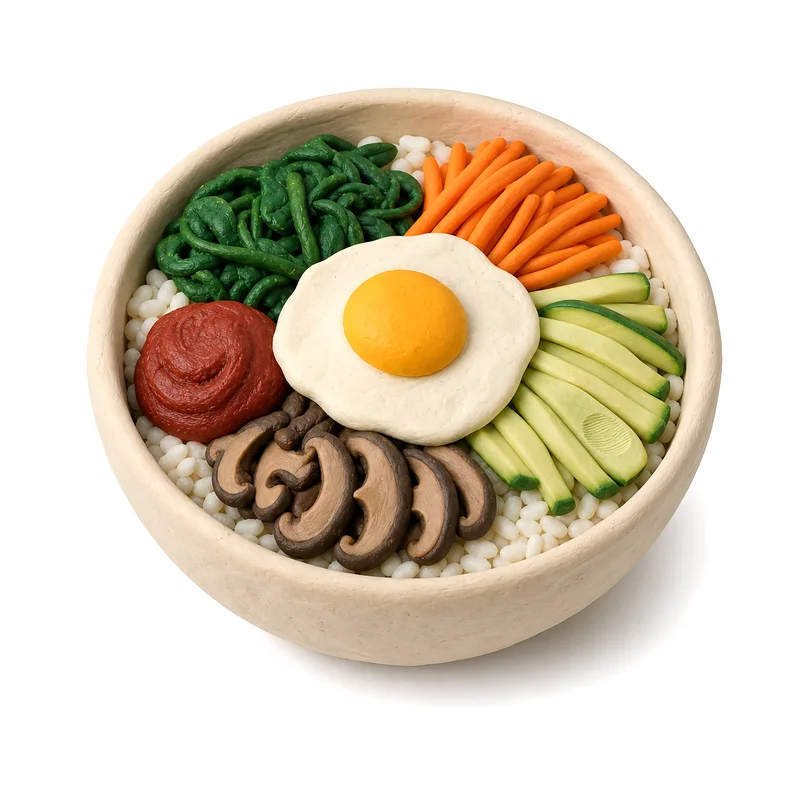 A bibimbap bowl molded from clay: rice, greens, carrots, and a clay fried egg.