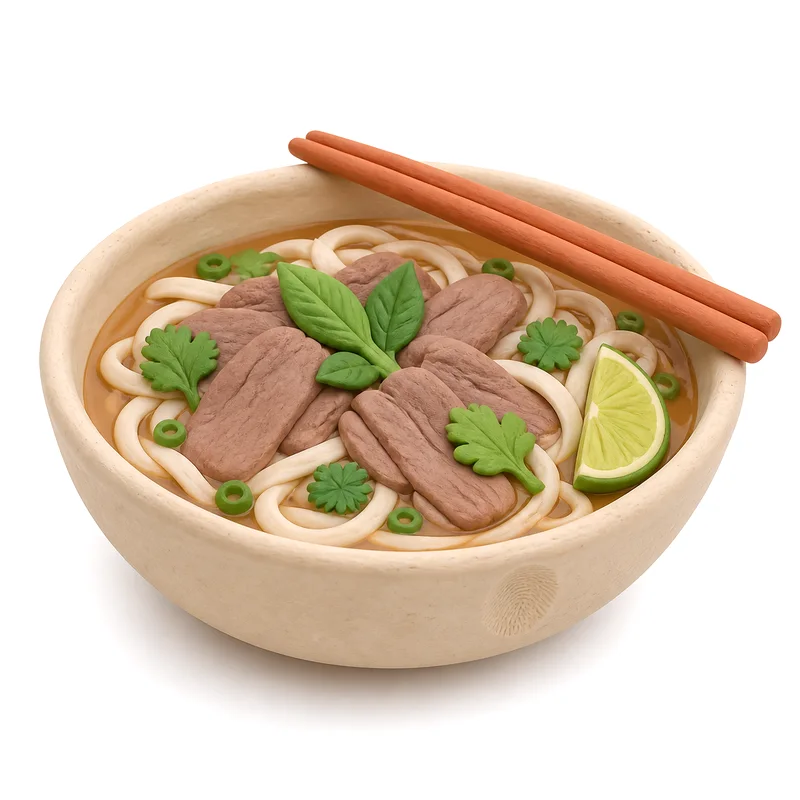 A bowl of pho molded from clay, with clay noodles, herbs, and chopsticks.