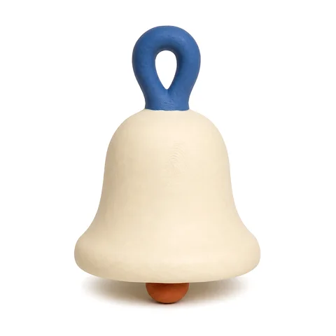 A hand-molded clay bell with a quiet cobalt glaze detail.